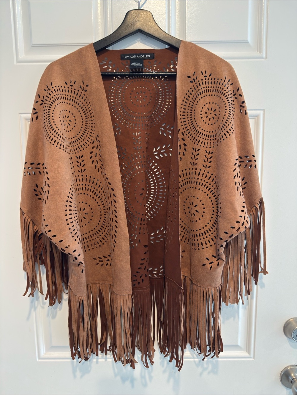NWOT Liv Los Angeles Faux Suede Laser Cut Fringe Kimono Cardigan